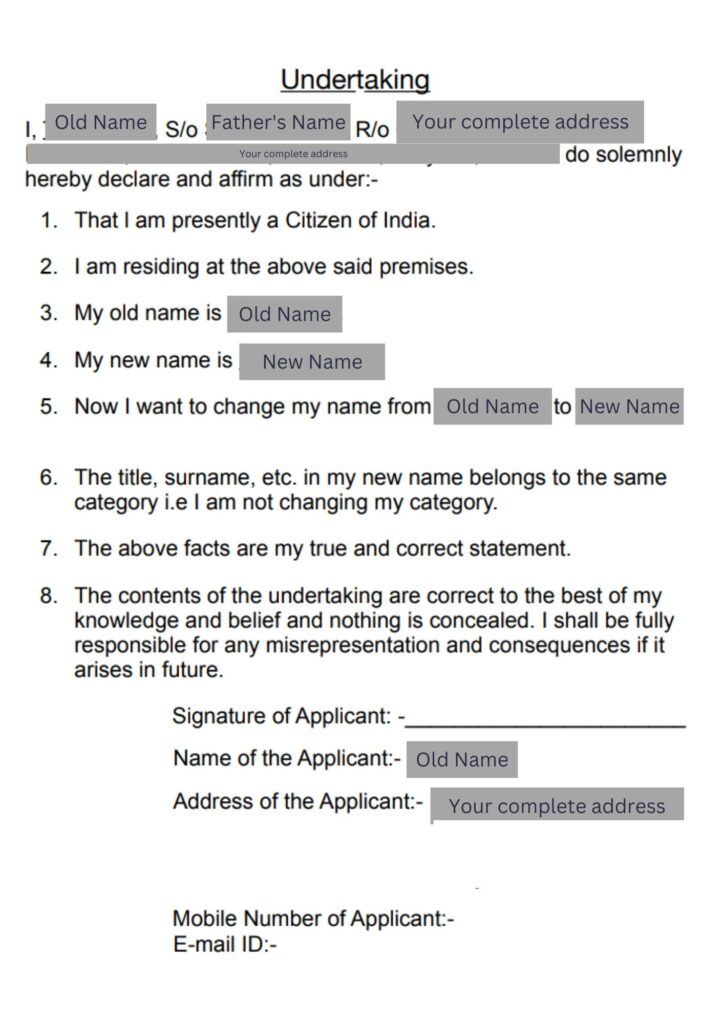 Undertaking form for name change
